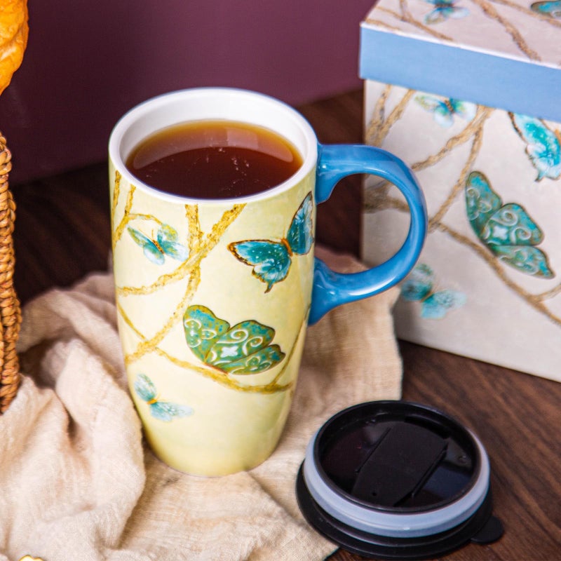 Topadorn Coffee Ceramic Mug Porcelain Latte Tea Cup With Lid 17oz,Novelty Coffee Mugs for Office & Home Blue - Image 3